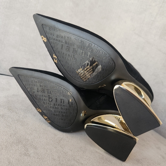 Gianni Bini heels boots 5.5 black suede golden architectural heel pointy new$140 - Picture 15 of 16